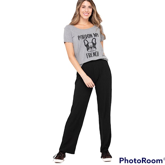 BLACK RIBBED HIGH RISE WIDE LEG PANT - Picture 5 of 7